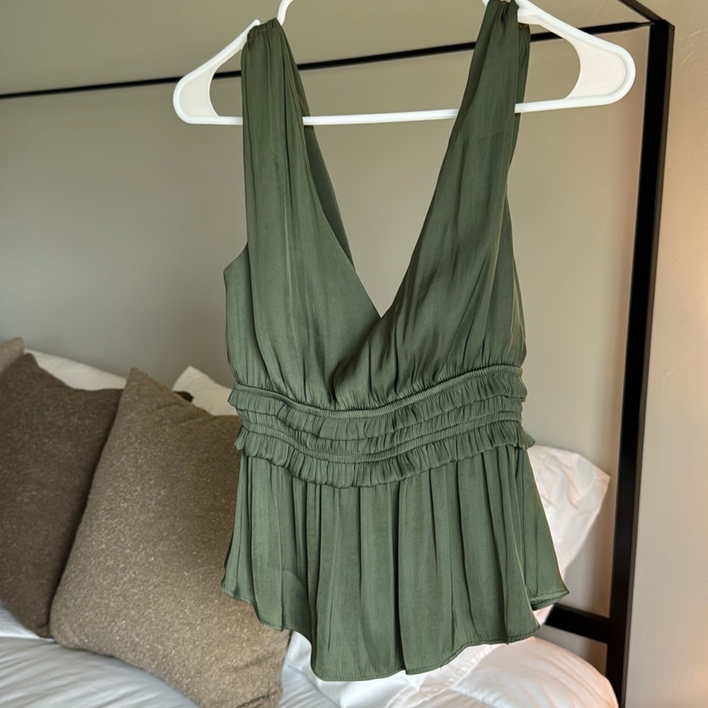 Low back Army Green Plunge Peplum Top